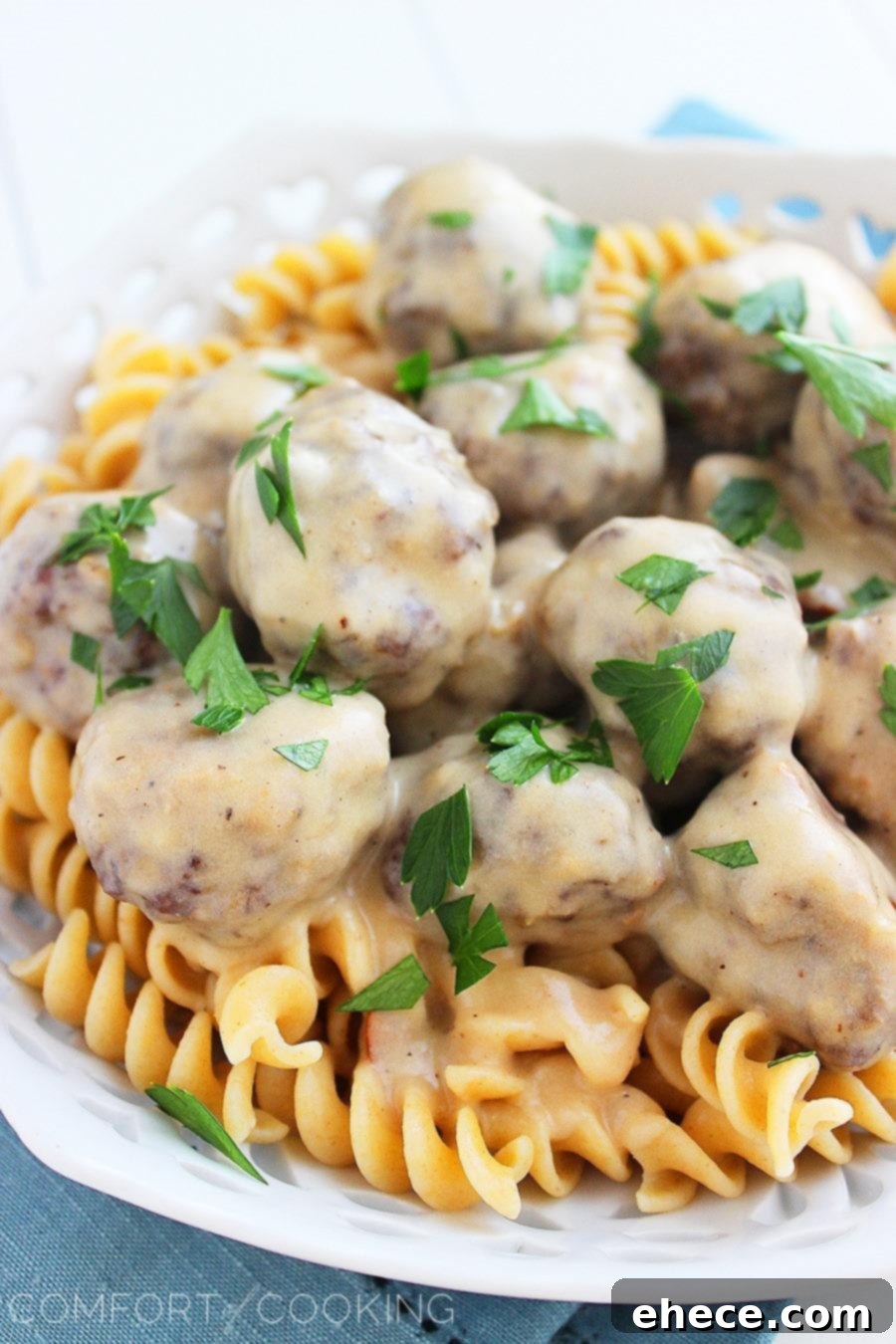 Close-up of Lighter Swedish Meatballs in creamy sauce