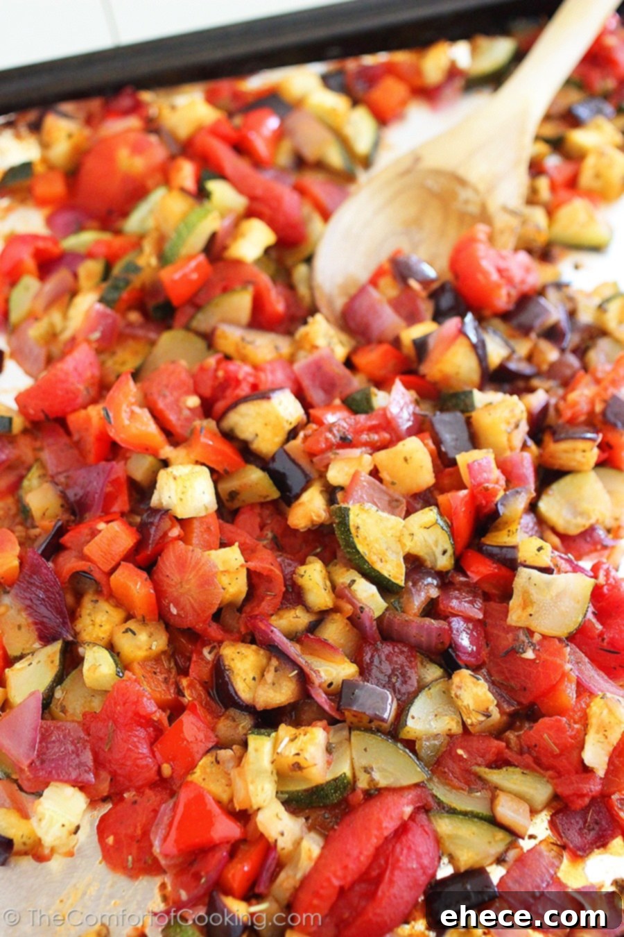 Vibrant Ratatouille Bites 3 Close-up of vibrant, freshly roasted ratatouille vegetables before being placed on crostini.