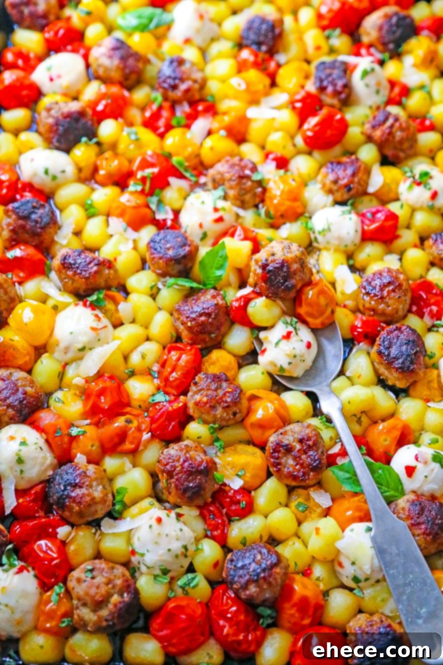 Effortless Sheet Pan Gnocchi with Savory Sausage 3 Close-up of baked gnocchi, tomatoes, and meatballs on a sheet pan