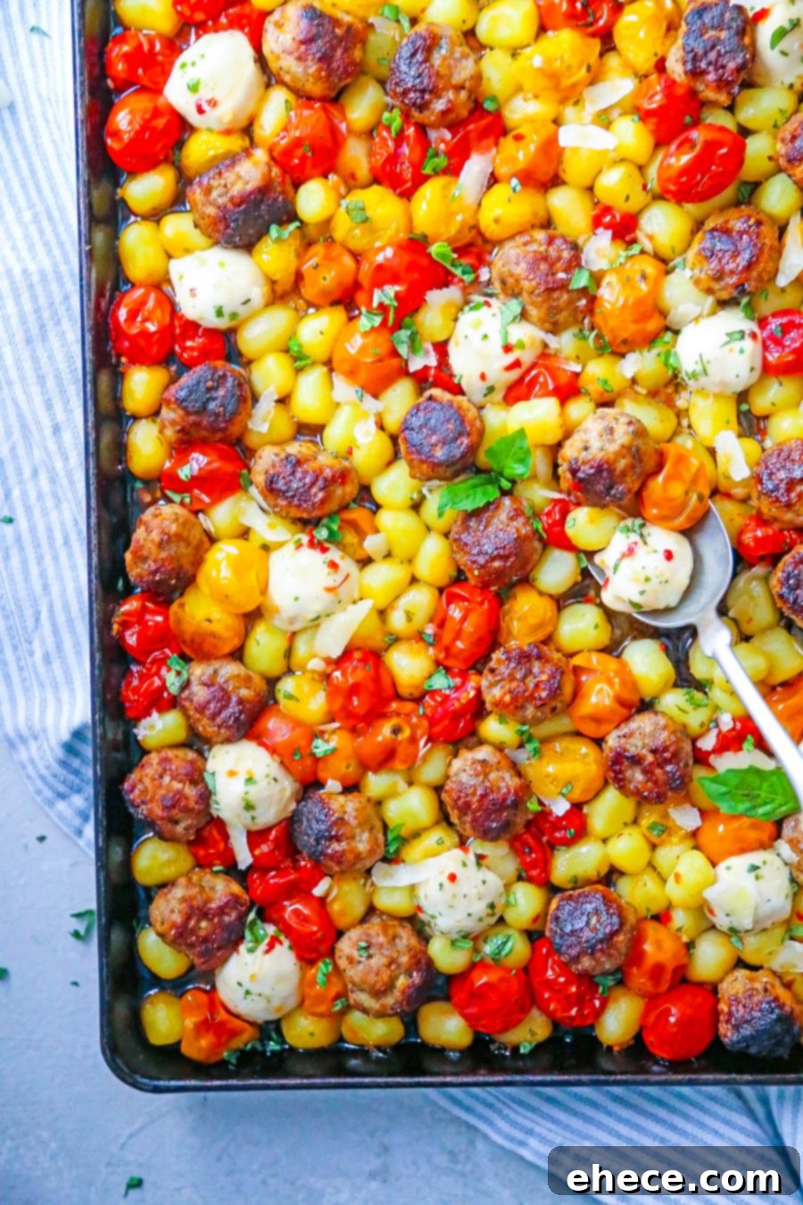 Effortless Sheet Pan Gnocchi with Savory Sausage 5 A serving of Sheet Pan Gnocchi with Sausage Meatballs in a bowl