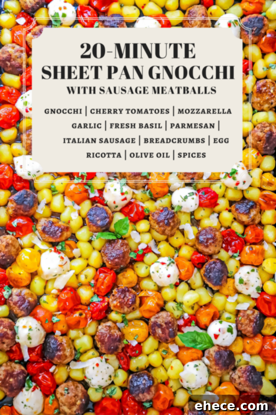 Effortless Sheet Pan Gnocchi with Savory Sausage 8 Overhead view of a whole Sheet Pan Gnocchi with Sausage Meatballs