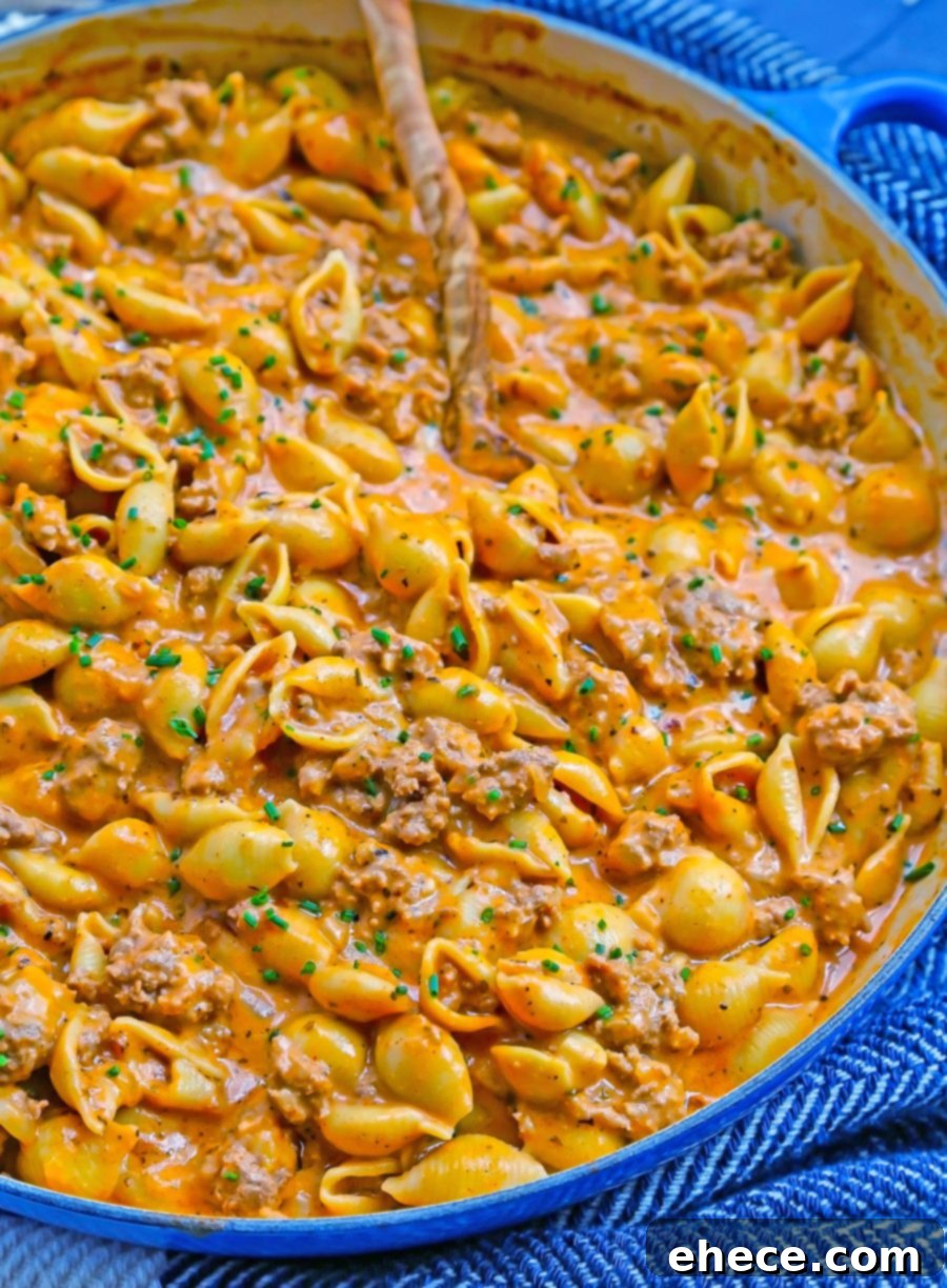 Close-up of Homemade Hamburger Helper in a pan