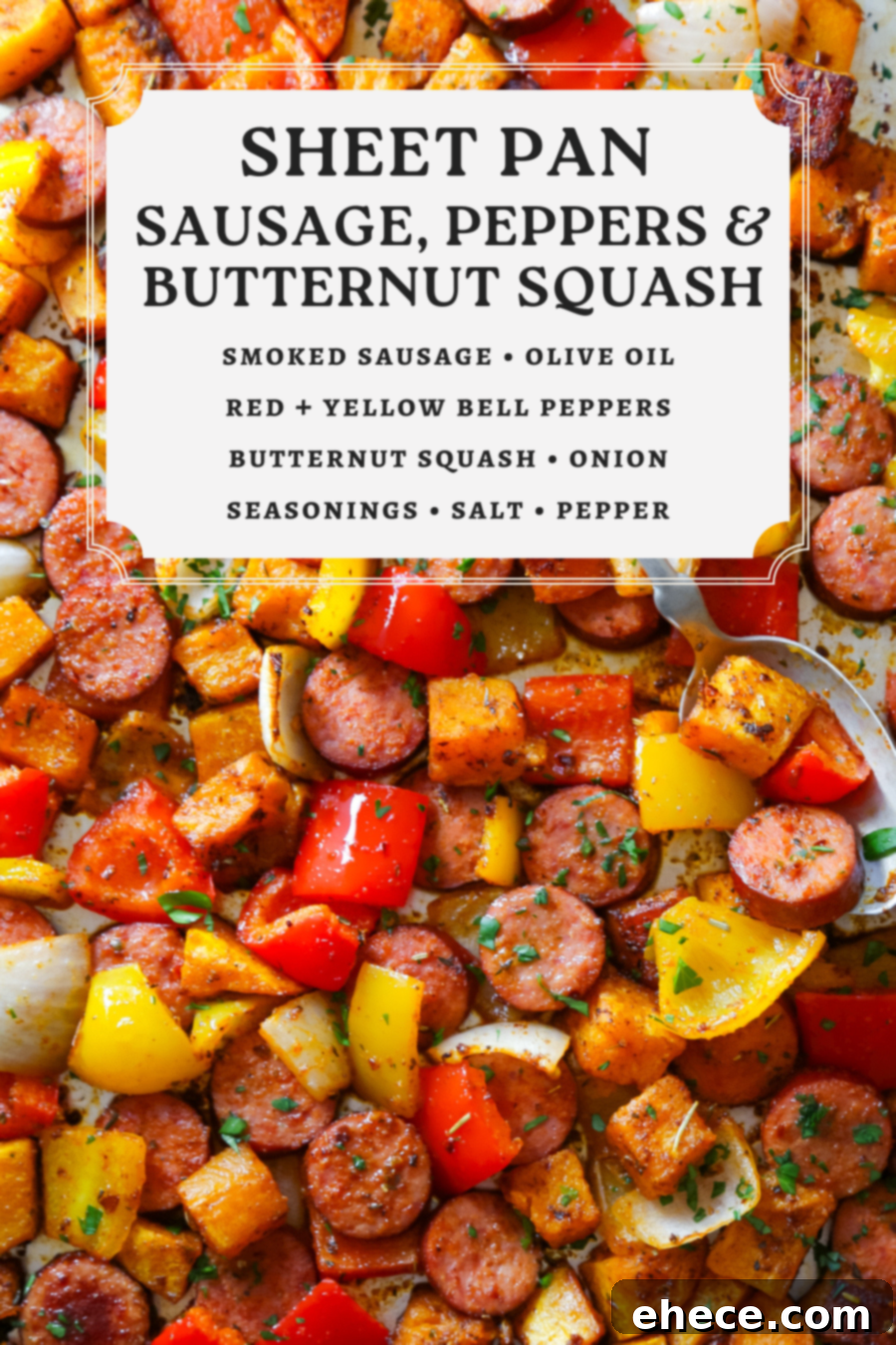 Roasted Sausage, Peppers, and Butternut Squash One-Pan Meal 9 Sausage, Peppers + Butternut Squash Sheet Pan Dinner - vertical image 2