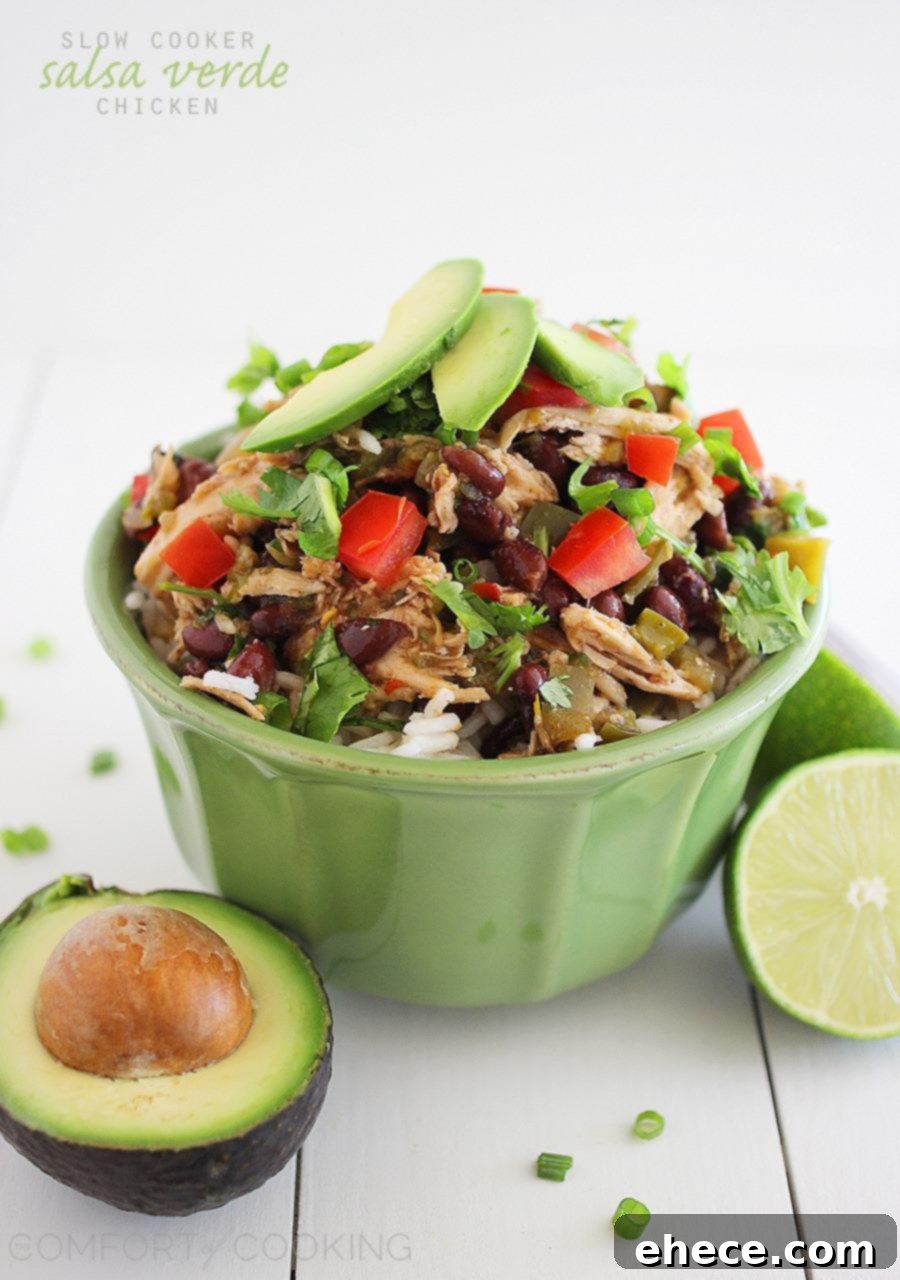 Slow Cooked Zesty Salsa Verde Chicken 2 Delicious Slow Cooker Salsa Verde Chicken, ready when you walk in the door from work. Loaded with fresh avocado, salsa, and cilantro.