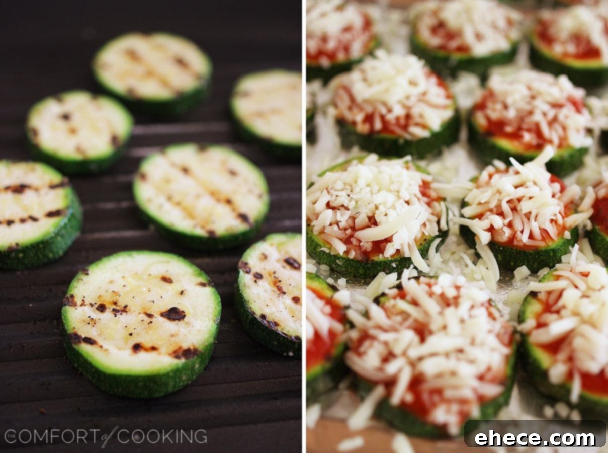 Close-up of baked Zucchini Pizza Bites with melted cheese and pepperoni