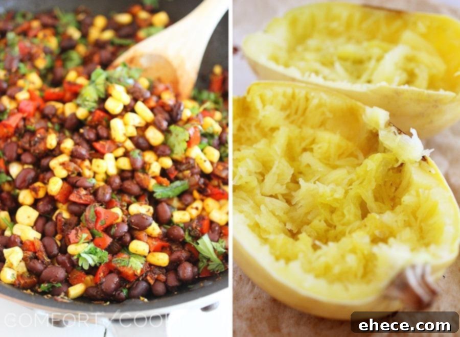 Southwestern Stuffed Spaghetti Squash – This hearty, healthy spaghetti squash stuffed with zesty Mexican flavors is perfect for putting a twist on your typical weeknight meals! | thecomfortofcooking.com