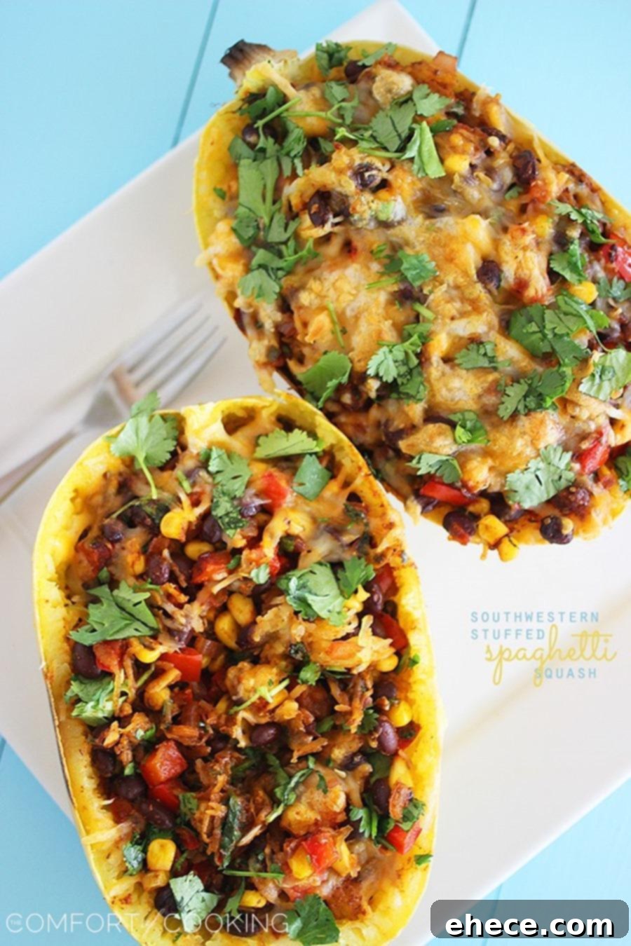 Southwestern Stuffed Spaghetti Squash – This hearty, healthy spaghetti squash stuffed with zesty Mexican flavors is perfect for putting a twist on your typical weeknight meals! | thecomfortofcooking.com
