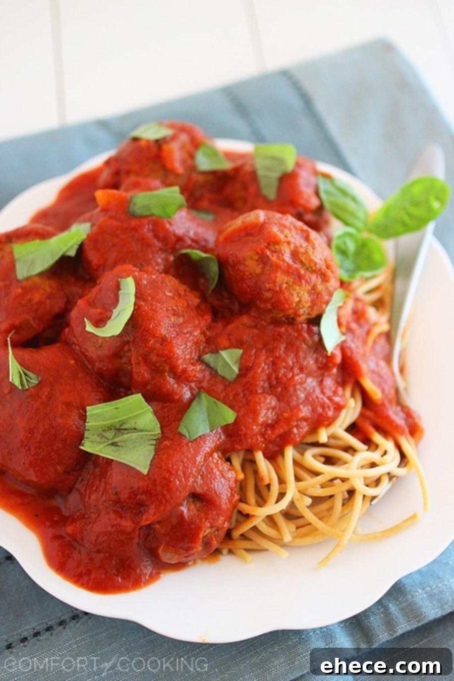 Close-up of Slow Cooker Turkey Pesto Meatballs with Marinara