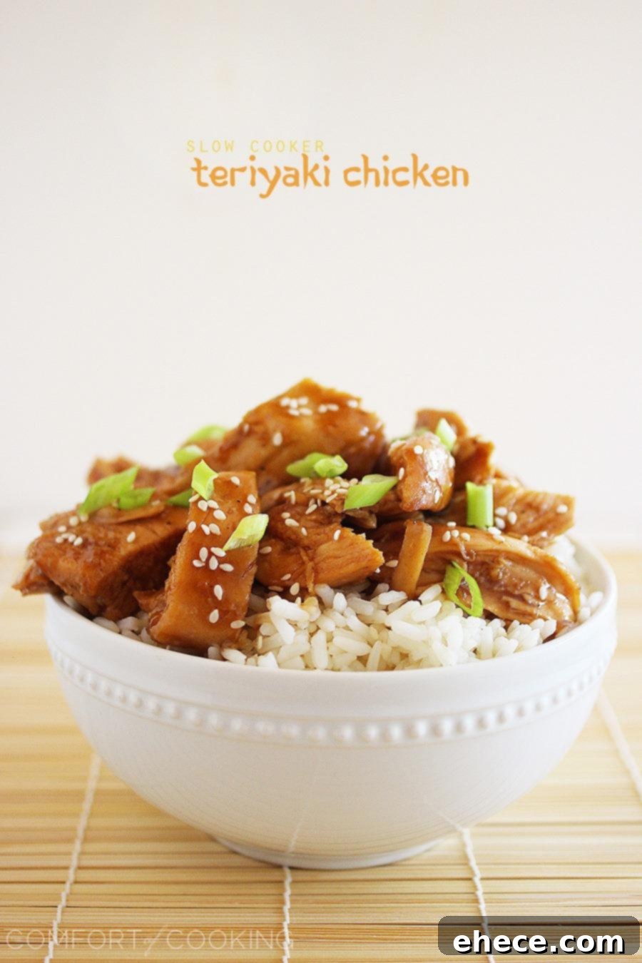 A closer shot of the Slow Cooker Teriyaki Chicken, highlighting its glossy sauce and tender texture, ideal for family dinners.