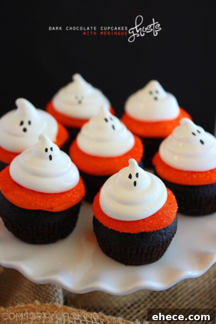 Dark Chocolate Cupcakes with Meringue Ghosts, ideal for Halloween parties