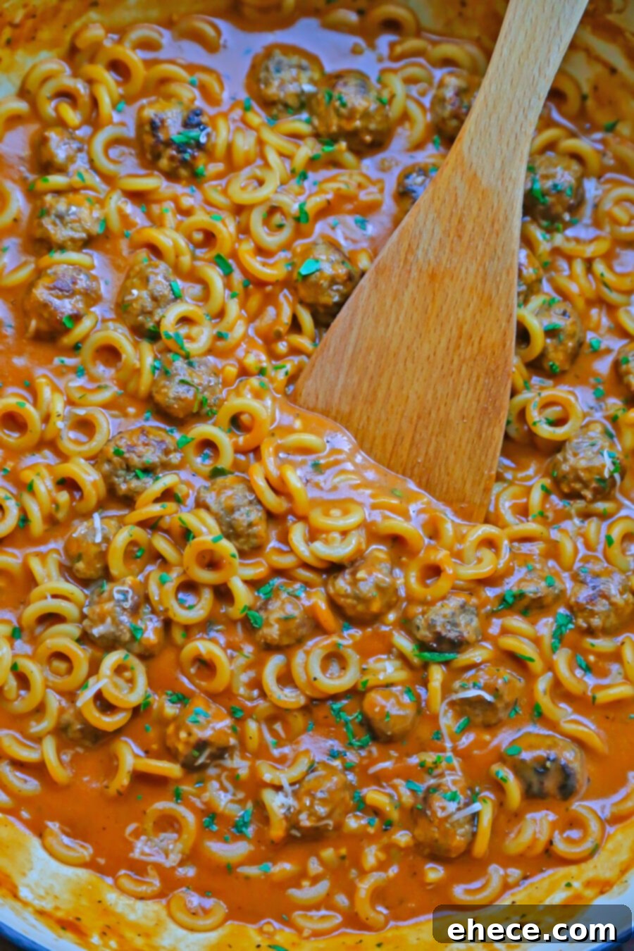 Close-up of One-Pan Homemade Spaghettios with a spoon