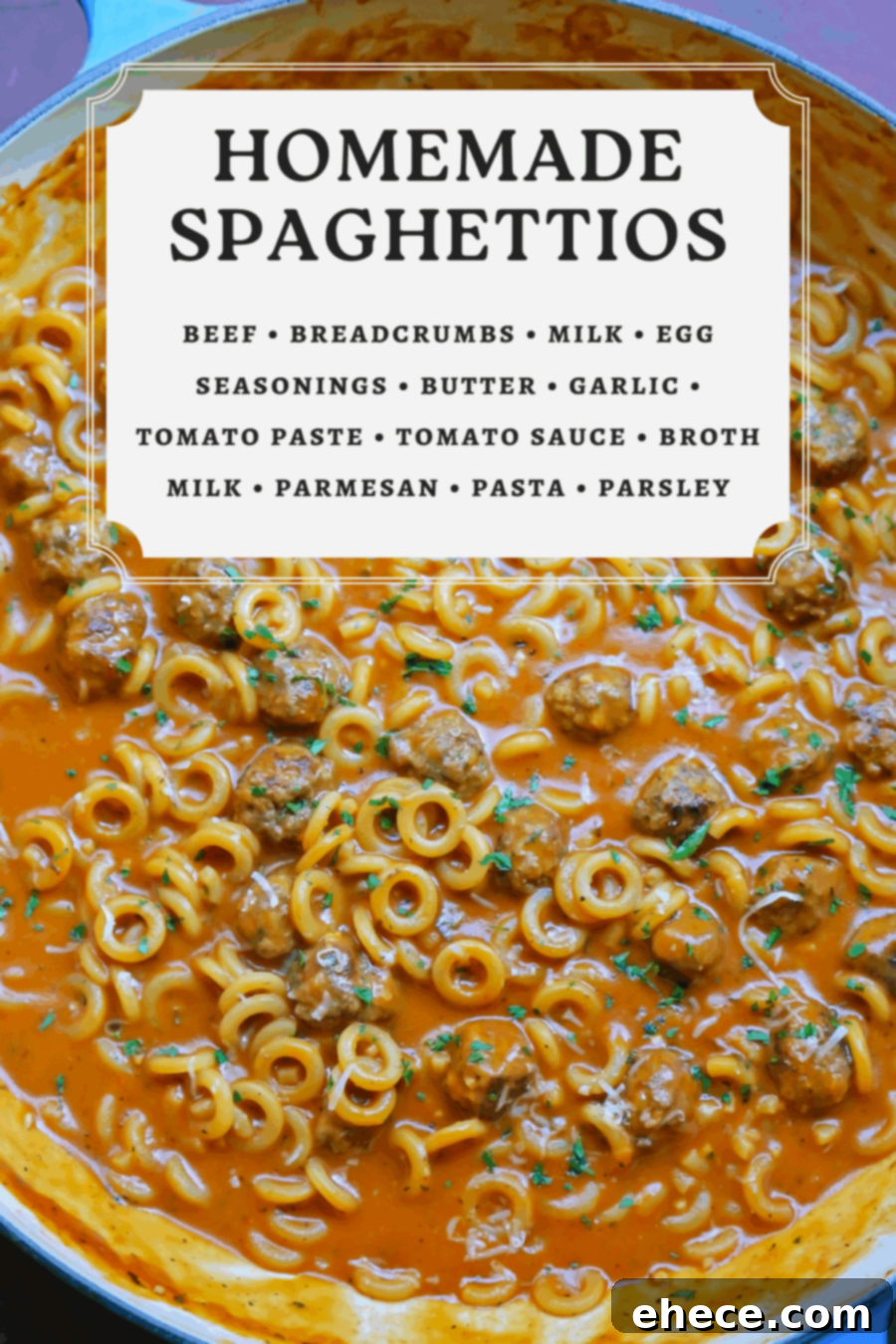 One-Pan Homemade SpaghettiOs with a serving in a red bowl