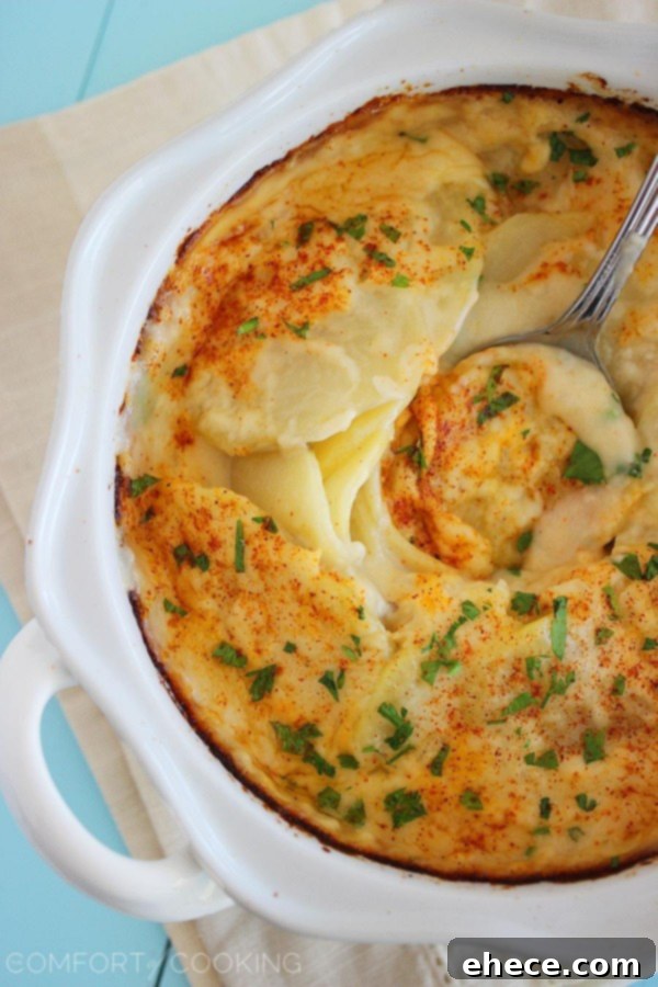 Cheesy Scalloped Potato Gratin – Creamy, buttery scalloped potatoes are the true definition of comfort food. Perfect for weeknights or holiday feasts! | thecomfortofcooking.com