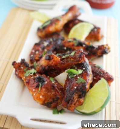 Honey-Sriracha Chicken Wings close up, ready to eat