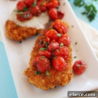 Crispy Parmesan Chicken with Balsamic Roasted Tomatoes - Recipe Card Image