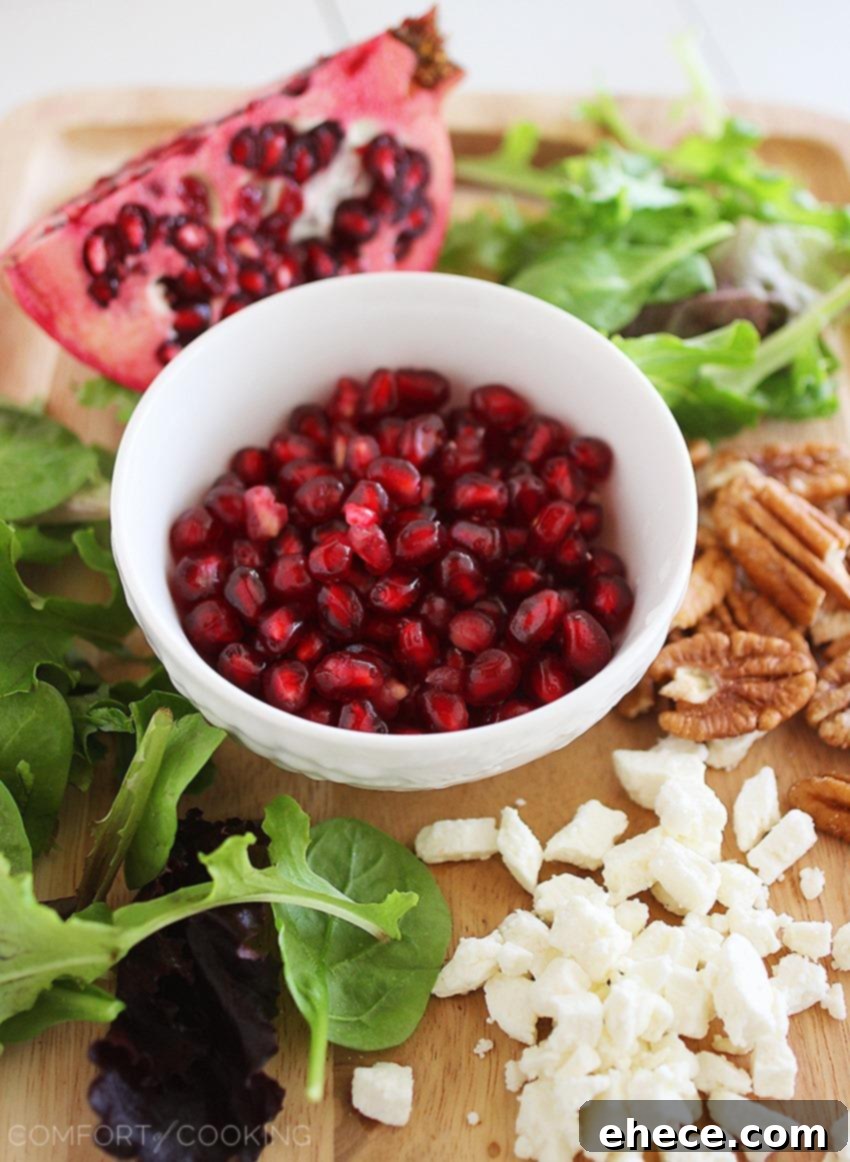 Jeweled Greens with Feta and Pecans 3 Close-up of a refreshing Mixed Green Salad featuring juicy pomegranate seeds, crumbled feta cheese, and crunchy pecans.