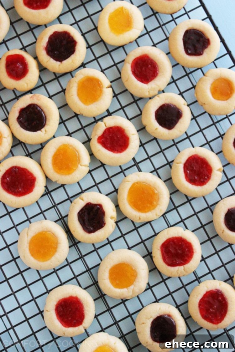 Jammy Thumbprint Gems 3 Close-up of freshly baked jam thumbprint cookies