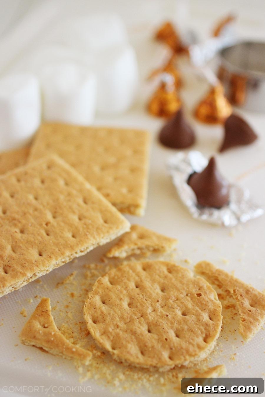 Close-up of a hand reaching for a 3-Ingredient S'mores Bite, highlighting the golden brown marshmallow and shiny melted chocolate against the graham cracker base.