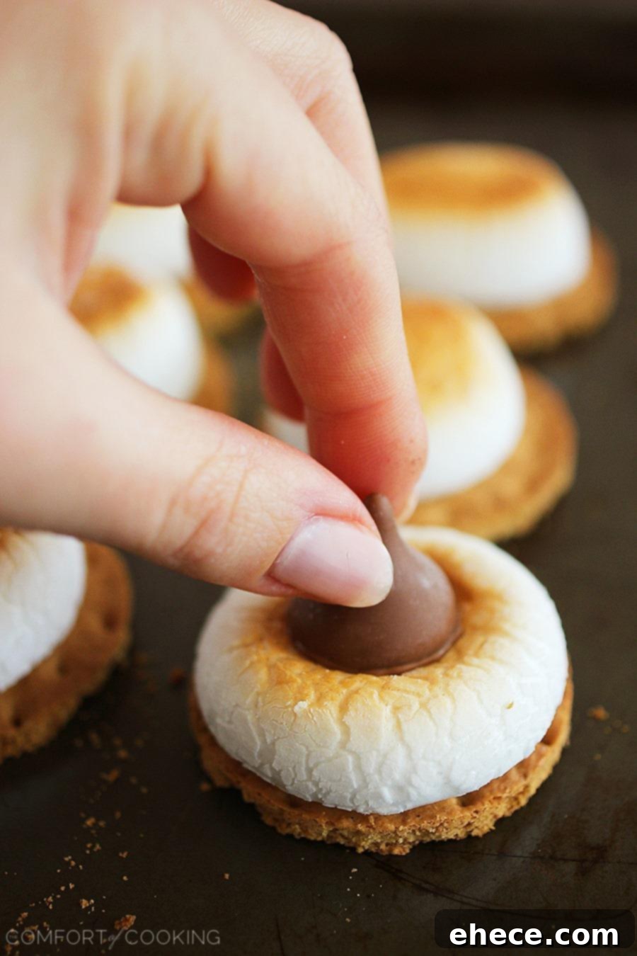 Another perspective of the S'mores Bites, showcasing a tray full of these ready-to-eat treats, with one being picked up, emphasizing their bite-sized appeal.
