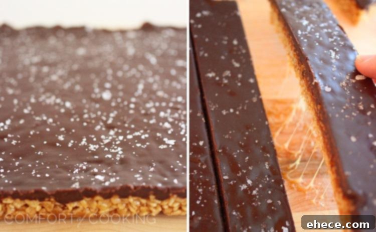 Salted Caramel Chocolate Crispy Squares 3 Salted Caramel Chocolate Rice Krispie Treats – With chocolate ganache and sea salt, these treats are little bites of bliss. So easy and elegant. Get the recipe! | thecomfortofcooking.com