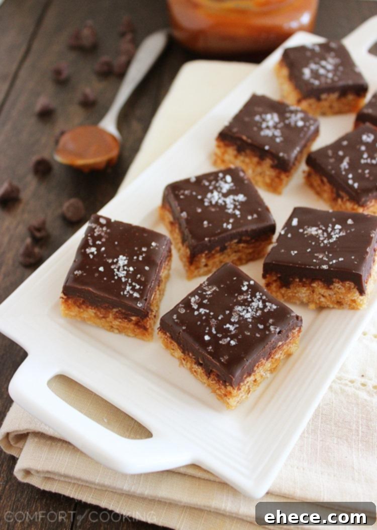 Salted Caramel Chocolate Crispy Squares 5 Salted Caramel Chocolate Rice Krispie Treats – With chocolate ganache and sea salt, these treats are little bites of bliss. So easy and elegant. Get the recipe! | thecomfortofcooking.com