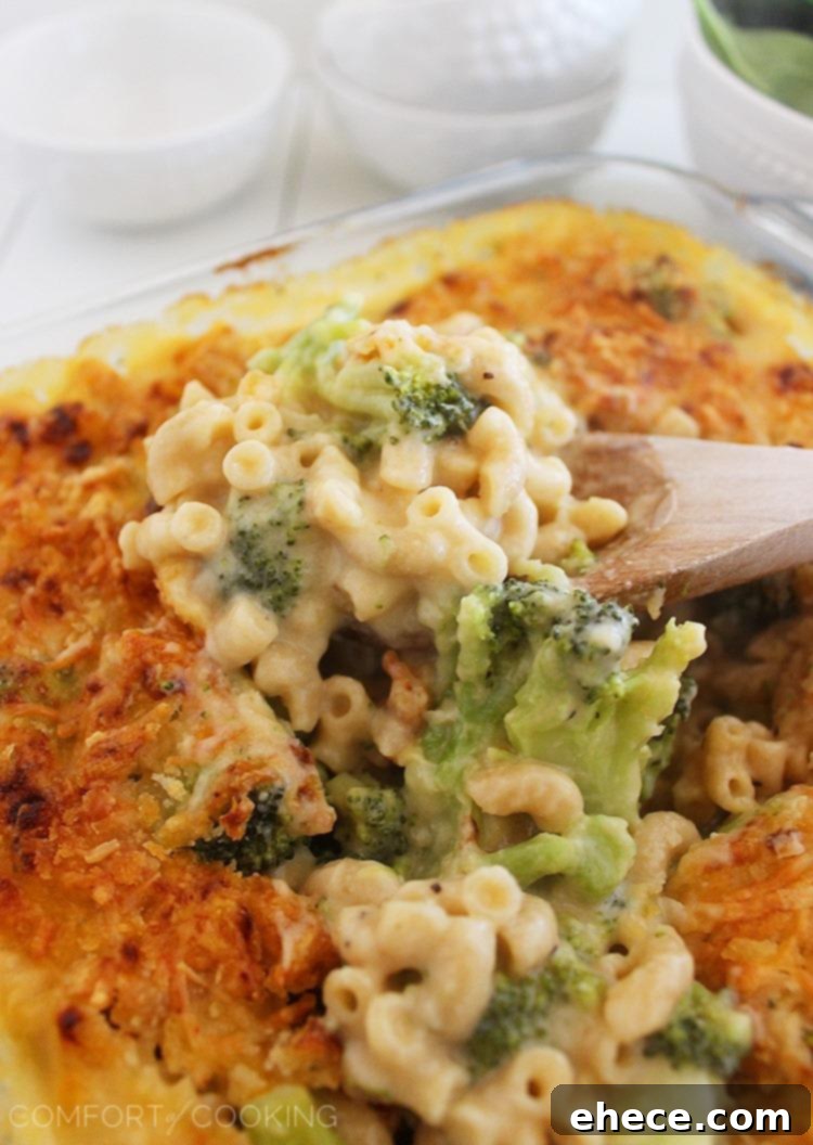 Overhead shot of the bubbling hot skinny baked broccoli mac and cheese, ready to serve.