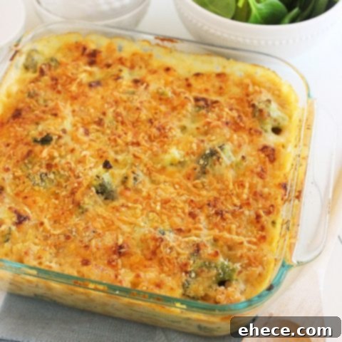 Final dish of Skinny Baked Broccoli Macaroni and Cheese.