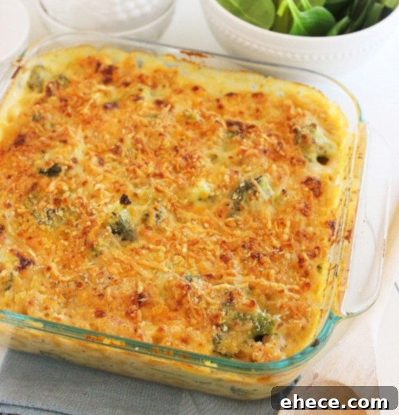 Close-up of the crispy topping of the Skinny Baked Broccoli Macaroni and Cheese.