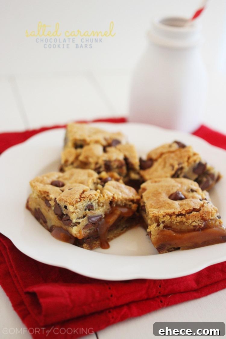 Deliciously soft and chewy Salted Caramel Chocolate Chunk Cookie Bars, featuring a golden crust and visible chocolate chunks, perfect for satisfying sweet cravings.