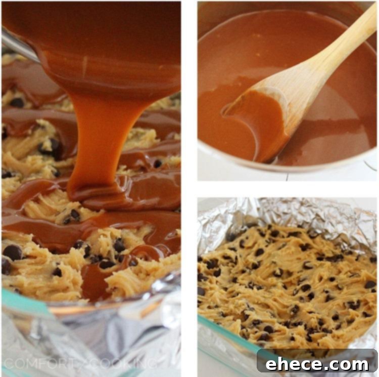 Close-up view of a Salted Caramel Chocolate Chunk Cookie Bar, highlighting the gooey, molten caramel center and the soft, chewy cookie dough texture.