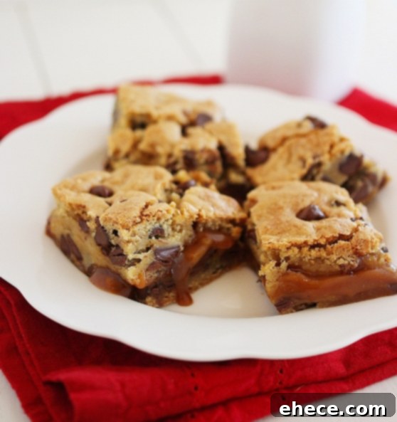 Final plated Salted Caramel Chocolate Chunk Cookie Bar, ready to be enjoyed.