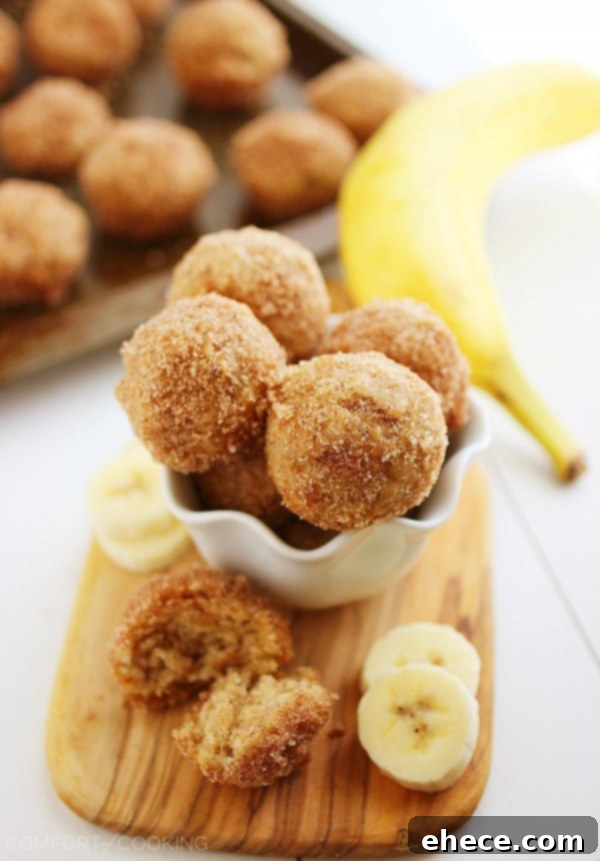 Baked Cinnamon-Sugar Banana Donut Holes, soft, buttery banana bites perfect with morning coffee