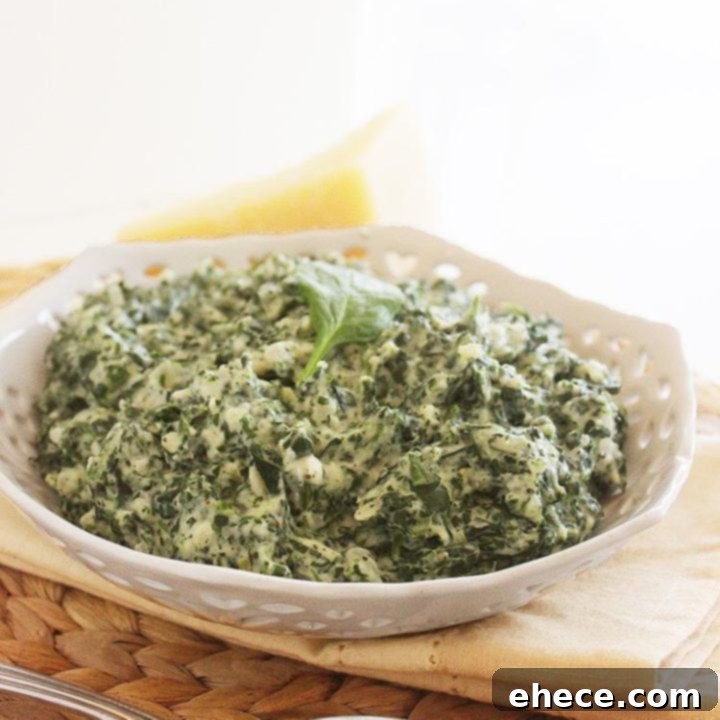 Lighter Creamed Spinach in a white bowl, garnished with herbs, ready to be served.