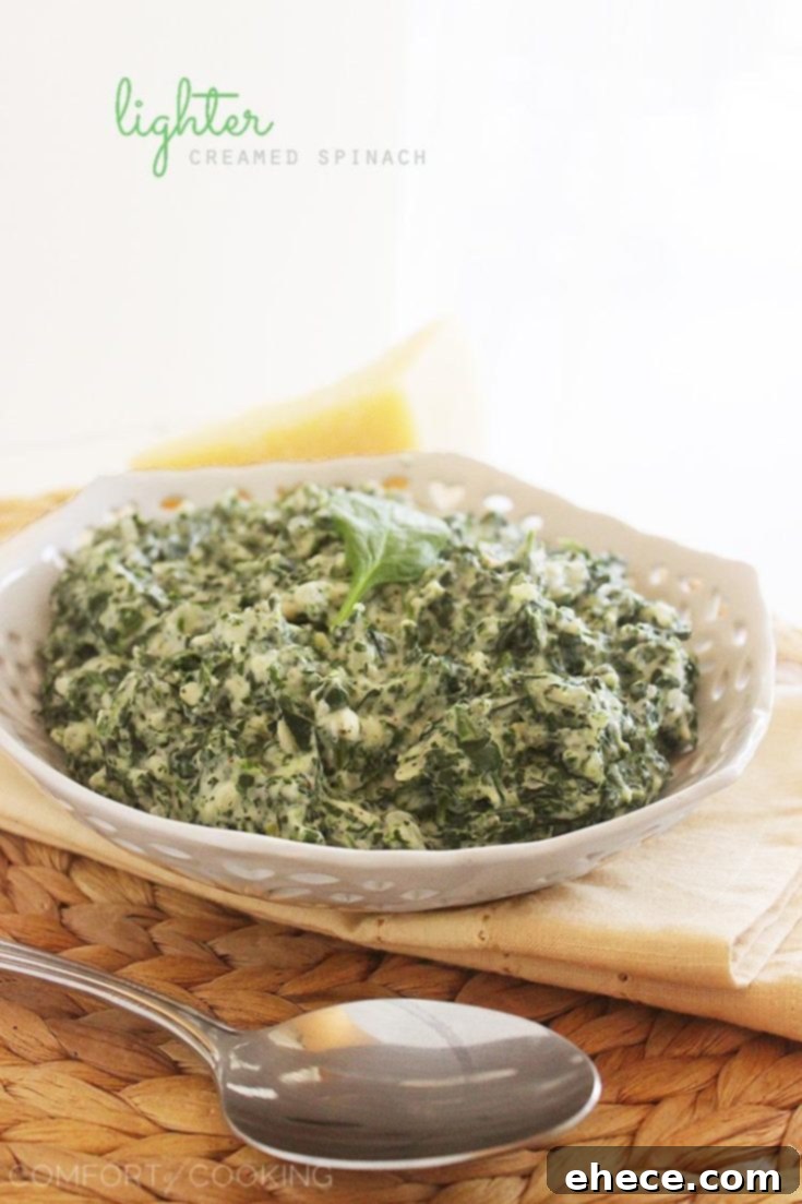 Beautifully presented Lighter Creamed Spinach dish on a serving plate.