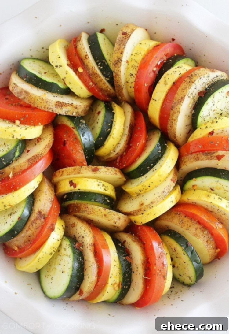 Golden Baked Parmesan Vegetable Tian 6 Parmesan Vegetable Tian – Our all-time favorite side dish! Layered potatoes, zucchini, tomatoes and squash, baked 'til tender & crisp with a cheesy Parmesan topping. Healthy, colorful and delicious on the side of roasted meats! | thecomfortofcooking.com