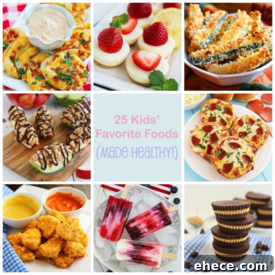 A vibrant collage of homemade healthy snacks including cheesy chips, fruit bites, zucchini fries, mini pizzas, chicken nuggets, and frozen yogurt pops.