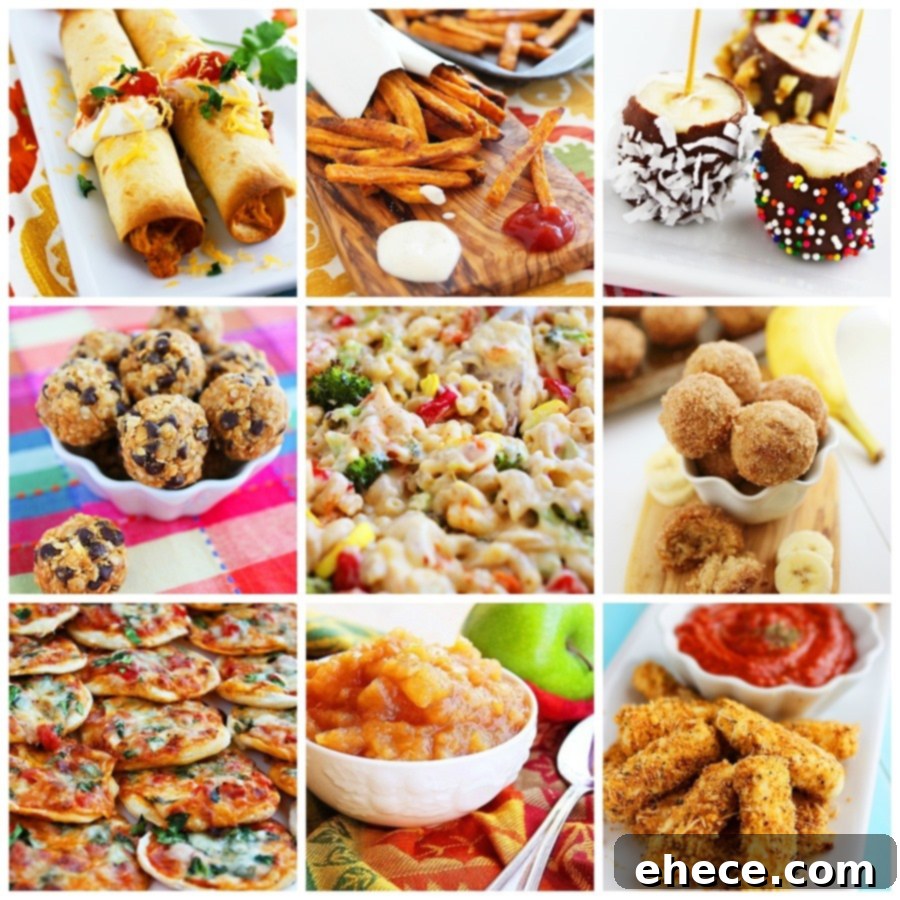 A diverse selection of homemade family meals and desserts including baked chicken taquitos, sweet potato fries, chocolate banana pops, and macaroni and cheese.