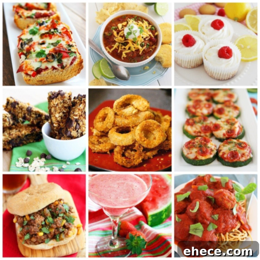 A collection of wholesome main course dishes and additional healthy snacks like French bread pizzas, turkey chili, lemon cheesecake cupcakes, and oven-baked onion rings.