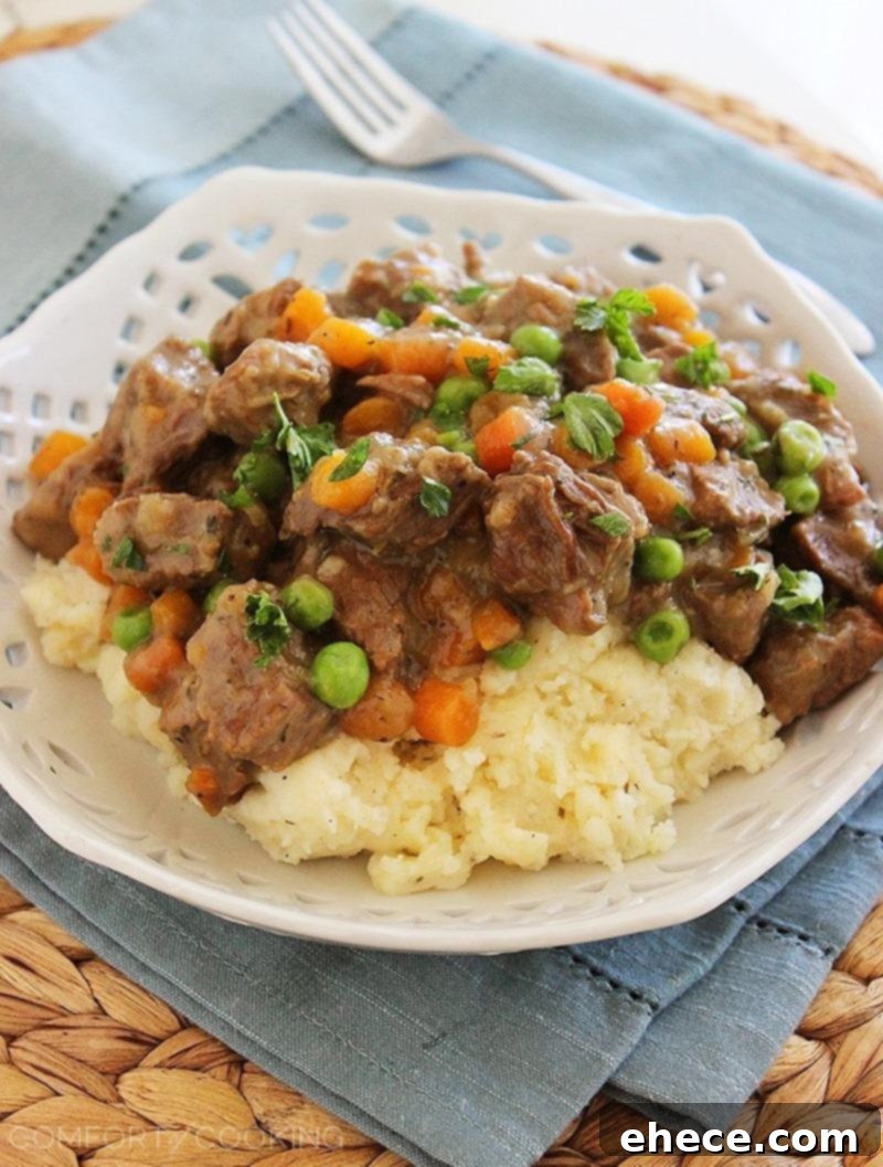 Hearty Irish Beef Stew with Mashed Potatoes, a perfect comfort food meal for chilly nights. The stew features tender beef and vegetables in a rich gravy, served over fluffy mashed potatoes. Photo shows a rustic bowl of stew with a spoon.