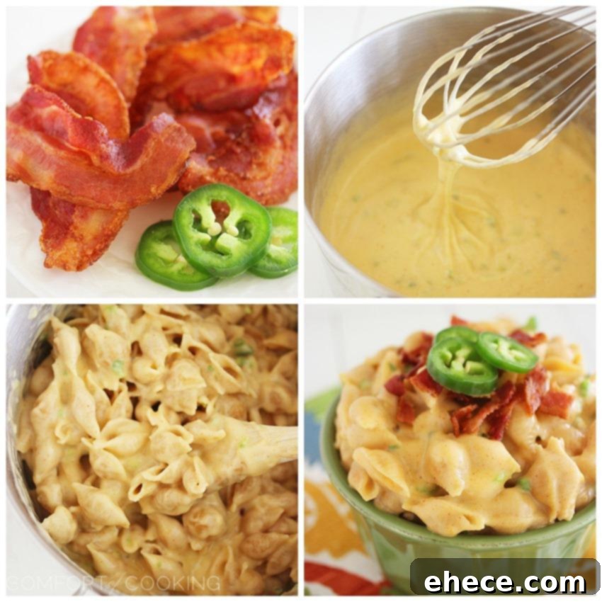 Creamy Stovetop Jalapeño-Bacon Mac ‘n Cheese – Creamy, smooth and delicious stovetop mac 'n cheese with jalapenos and bacon! Super easy, cheesy and made without ANY butter or oil. | thecomfortofcooking.com
