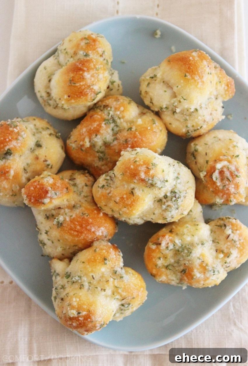 Quick & Easy Garlic Parmesan Knots – Fluffy soft, delicious garlic knots made in 10 minutes - just 3 ingredients (plus some spices) and no rising required. So easy! | thecomfortofcooking.com