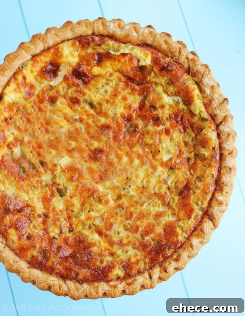 Cheesy Ham, Cheddar and Scallion Quiche – All you need for this cheesy, golden brown quiche is 5 ingredients, plus pie crust and spices. Perfect for lazy brunching! | thecomfortofcooking.com