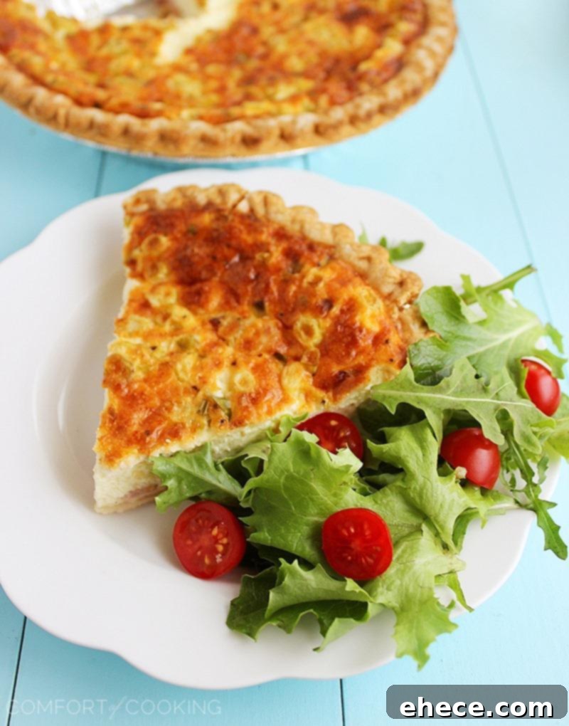 Cheesy Ham, Cheddar and Scallion Quiche – All you need for this cheesy, golden brown quiche is 5 ingredients, plus pie crust and spices. Perfect for lazy brunching! | thecomfortofcooking.com
