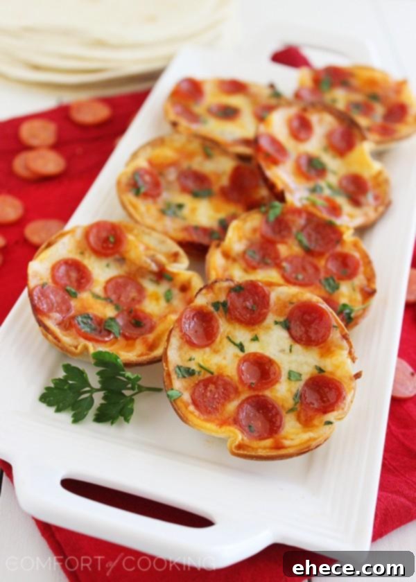 Arrangement of Mini Tortilla Pizzas on a rustic wooden board, showcasing their crispy edges and melted cheese.
