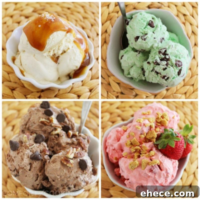 Effortless No-Churn Ice Cream 6 Irresistible Flavors 2 Delicious and creamy no-churn ice cream in various flavors, showing the smooth texture and appealing mix-ins. Homemade ice cream without an ice cream maker.