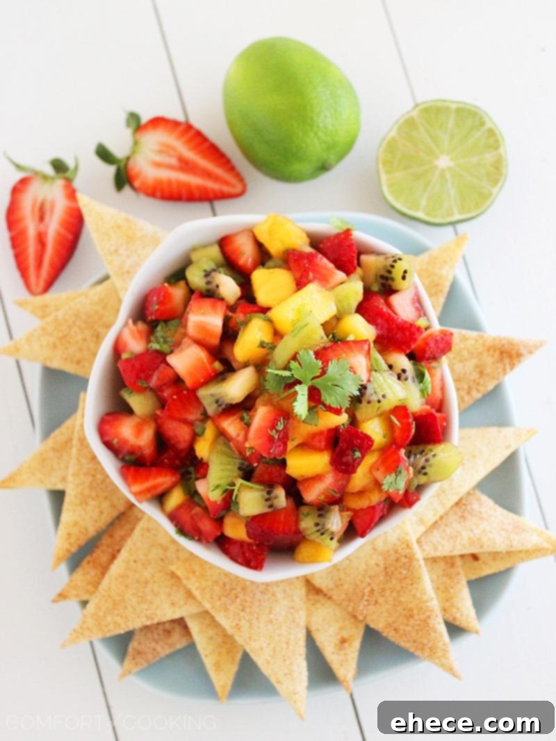 Close-up shot of the colorful Strawberry Mango Salsa, showcasing its fresh ingredients.