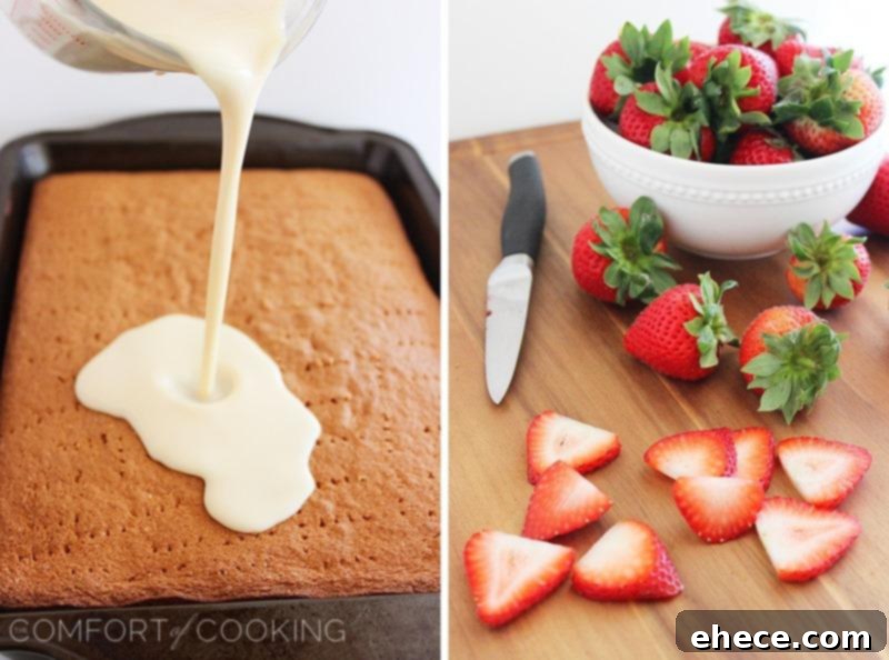 Strawberry Dream Tres Leches 3 Three gorgeous slices of homemade Tres Leches Cake, showcasing the moist interior and generous strawberry topping.