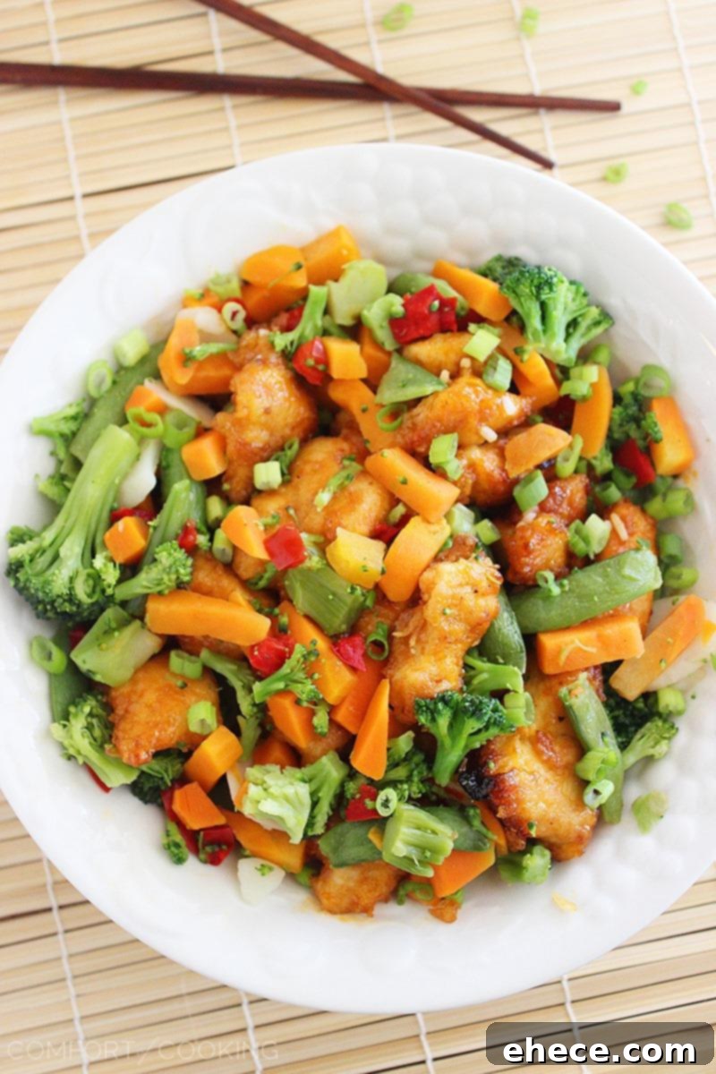 Sweet 'n Spicy Firecracker Chicken – Crispy, sticky and spicy chicken served over rice (or tossed with mixed Asian veggies) makes for a colorful and delish weeknight meal. | thecomfortofcooking.com