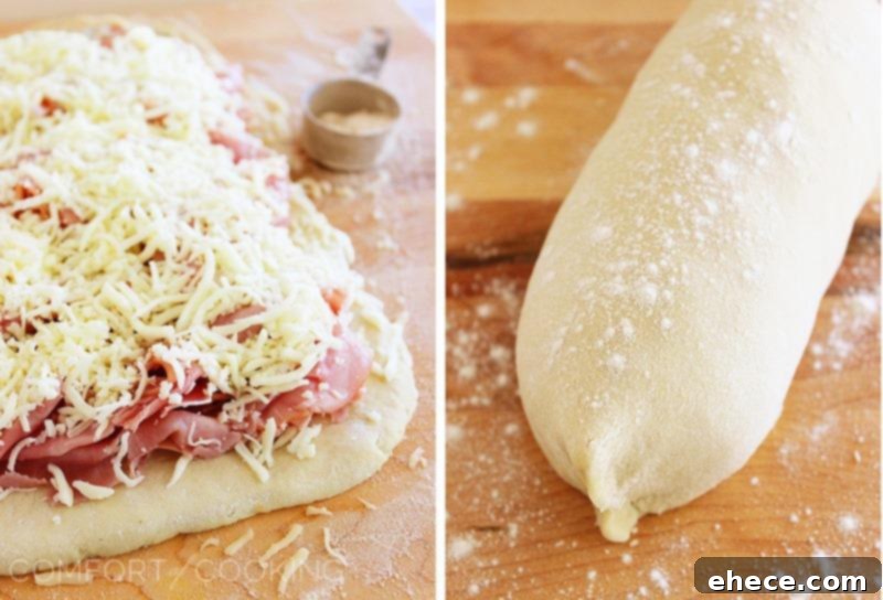 Three-Ingredient Baked Ham and Cheese Swirls 3 A close-up of Ham and Cheese Rollups ready to be baked, showing the spiral of ham and cheese inside the pizza dough.