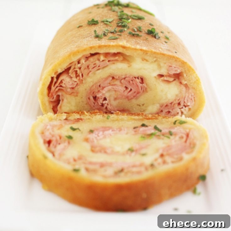 Sliced ham and cheese rollup with dipping sauce.